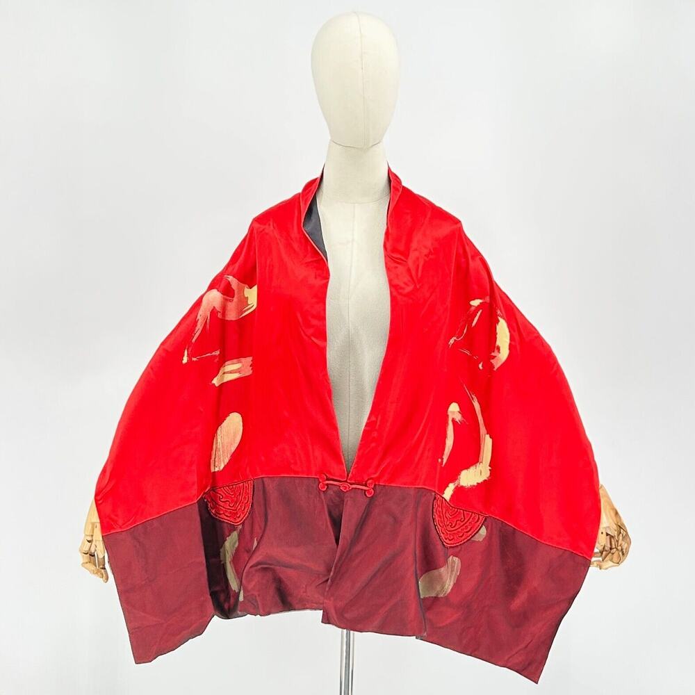 RARE 90s Chico’s 100% Silk Satin Red Black Asian Large Scarf Shawl Wrap